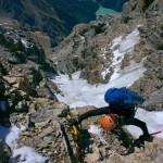 The climbers were lucky to have hard snow most of the way up to ease their ice climbing (above). On the way down, however, they have to navigate the Schwartz ledges – big saraks and ledges that threaten to topple over. Climbers have to tip toe at night across the face of Mt Robson, when the air is cool enough to keep the snow and ice in place.