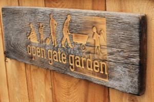 open gate garden, sign, wooden sign, etch, etching, community garden, garden