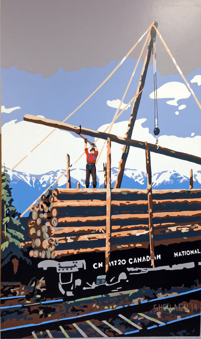 Early-day logging depicted in “gin pole” mural