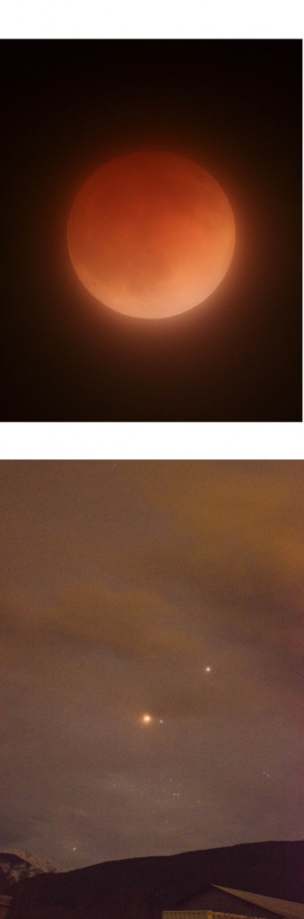 Top: a view of last month's Blood Moon. In full eclipse, the earth comes between the sun and moon, and light reflected off the earth's atmosphere causes the moon to appear red. Below Matthew Wheeler caught Mars, the totally eclipsed moon, Spica and the glow from McBride lights.