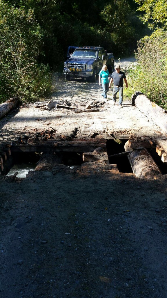 Damage to a bridge at Windfall Creek, down the West Canoe Forest Service Road along Kinbasket Reservoir. The intentional damage, by chainsaw and fire, left the road impassable after a shoot out with the RCMP’s Emergency Response Team in September.