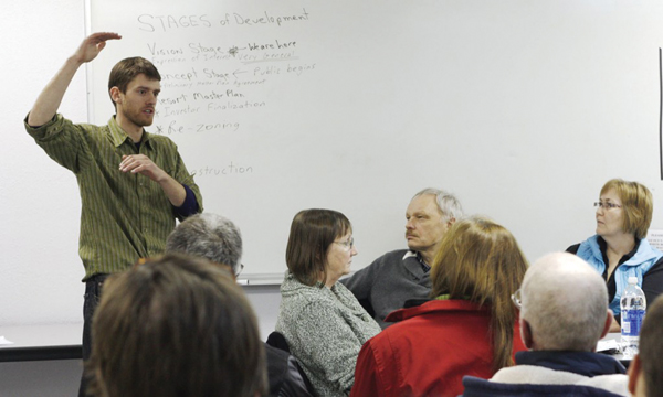 Joe Nusse explains aspects of the project to members of the Valemount Ski Society in 2011.