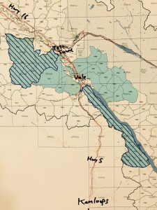 PHOTO CAPTION: A map of the current and potential expansions for the Valemount and McBride Community Forests. Solid shading shows the existing community forests and the striped areas show the potential new community forests.