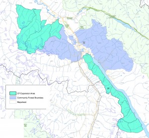 Valemount Community Forest expansion area (in green). Existing license in blue.