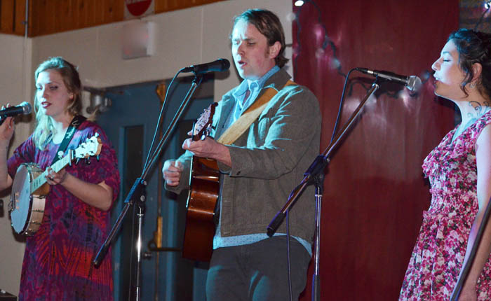 Photo by Beth Russell - One of the groups performing at a concert and pasta sauce competition March 26th at the Dunster Schoolhouse were the new Valemount group called Crescent Spur made up of Carolyn Kirk, Nick Beddington and Jessica. The event was part of a number of fundraisers to help pay off the mortgage on the Dundser Schoolhouse. Pete Amyoony says there is just one more payment left, and they hope to plan a "mortgage burning" party in May or June.