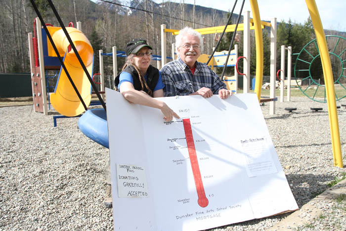 Chantal Swets and Pete Amyoony, two of the Dunster Fine Arts School Society members hold up their fundraising sign which now reaches the top. The Society has had to raise close to $1000 a month for the past six years in order to cover mortgage payments and operational expenses.