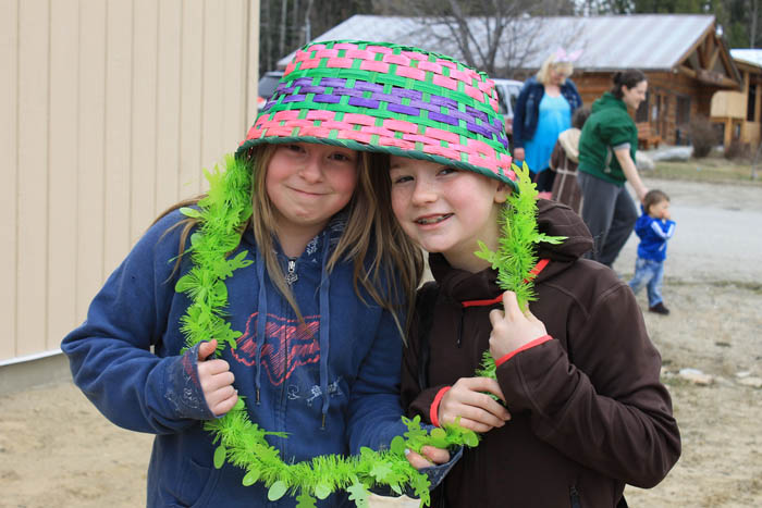 Hailey Plamondon and Taleigha Tinsley-Dawson share a unique Easter hat.