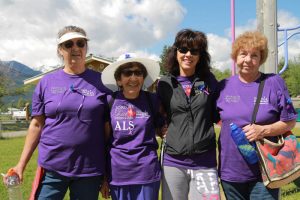 Photos: Laura Keil Above L to R: Dolly Odinson, Marg Tinsley, Sherry Tinsley and Gwen Suzuki were four of the two dozen people who took part in the walk on Saturday. Over $2000 was raised for ALS  research. Odinson’s and Suzuki’s sister Marilyn Anthony, who lived in Valemount, passed away from ALS two years ago.