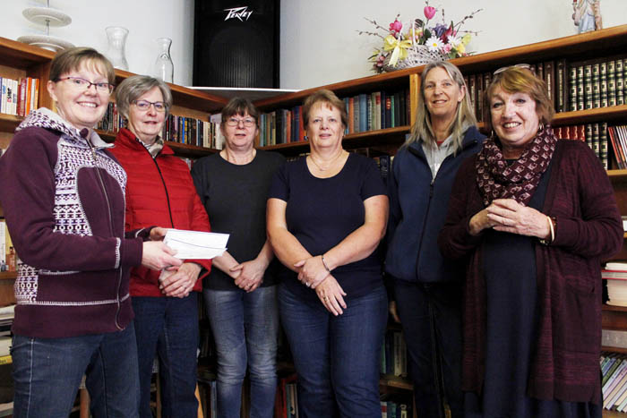 Photo: Evan Matthews Left to right: Donna Duerkson, Linda Hedberg, Silvia Cuddeback, Lidwina Flavelle, Sandy Braun and Marion Farquharson. Donna Duerkson from the Valemount Quilting Society presents cheques to Marion Farquharson from the Valemount Senior Housing Society. VCTV won $1,000 at the local cable awards this past summer, and donated the funds to the quilting society in a random draw. After deciding the funds could be better used within the Senior Housing Society, the Quilting Society decided to re-donate and topped it up with $500 of their own money. The $1500 was split evenly between the Seniors Housing Society and Meals on Wheels (a Housing Society program) “We use the facility downstairs, and (the Senior Housing Society) has never upped the rent,” says Duerkson. “They’ve been really good to us. To me, this is where the money needs to go, and we’ll be here one day too.”