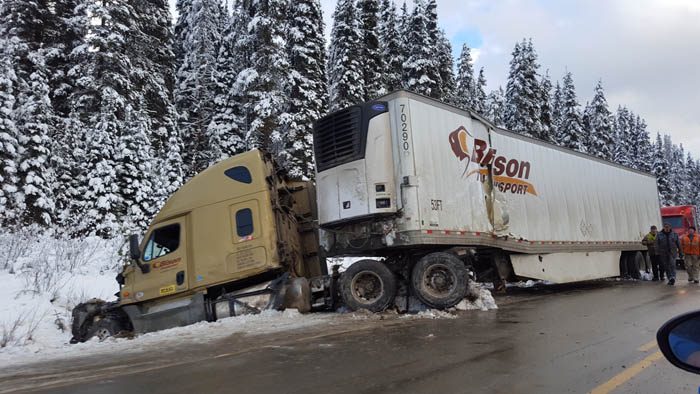 Photo: Laura Keil Dec. 1: Valemount RCMP attended a single collision on Hwy 6 near Red Pass after an east bound tractor trailer lost control on icy roads and did a 180 into the west bound ditch. A witness confirmed the truck was only travelling at 70 km/h which still proved too fast for road conditions. The driver was not injured.