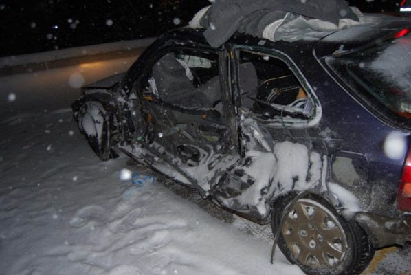 Photo courtesy of RCMP A Honda Civic after being side swiped by a semi. There were no injuries.