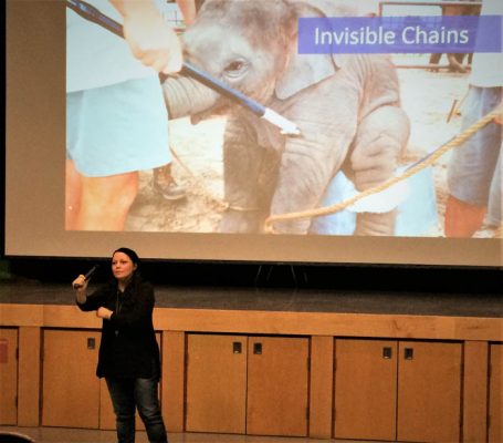 Photo: Monica Marcu Timea E Nagy, author, speaker and human trafficking advocate gives a presentation at McBride Secondary School last week. Free the Slaves, a nonprofit, estimates about 30-million people worldwide are currently enslaved.