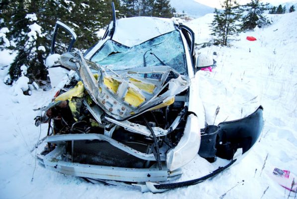 Photo courtesy of RCMP Valemount RCMP responded to a report of a single vehicle collision with injuries on Highway 5 near Pitney RD.  Upon arrival the two occupants were already extracted and being treated in an ambulance.  The vehicle left the roadway northbound into a ditch, proceeding for several hundred feet before coming to rest with extensive damage.