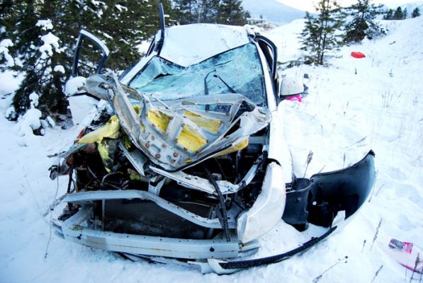 Photo courtesy of RCMP Valemount RCMP responded to a report of a single vehicle collision with injuries on Highway 5 near Pitney RD. Upon arrival the two occupants were already extracted and being treated in an ambulance. The vehicle left the roadway northbound into a ditch, proceeding for several hundred feet before coming to rest with extensive damage.