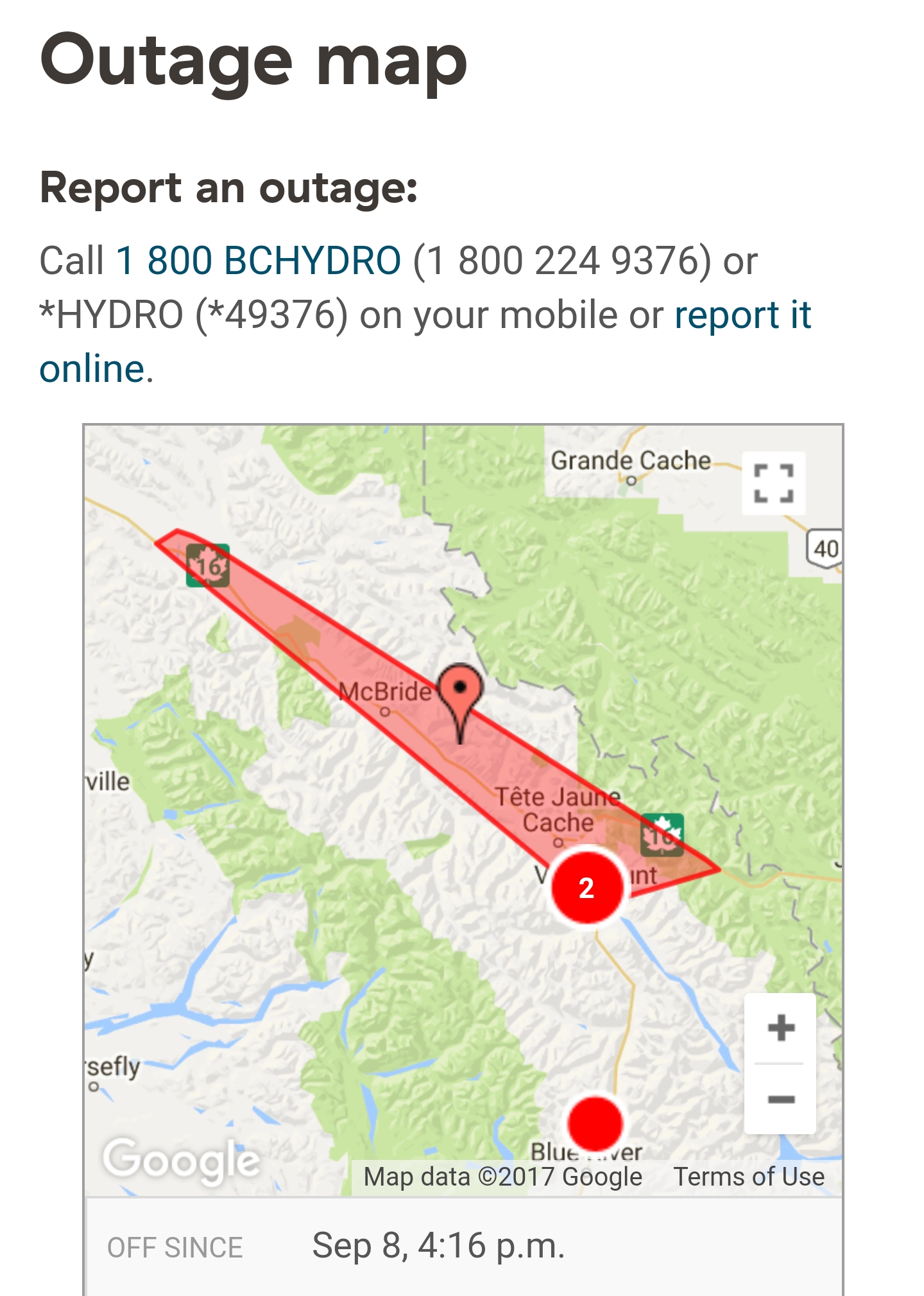 Power outage from Valemount to Dome Creek